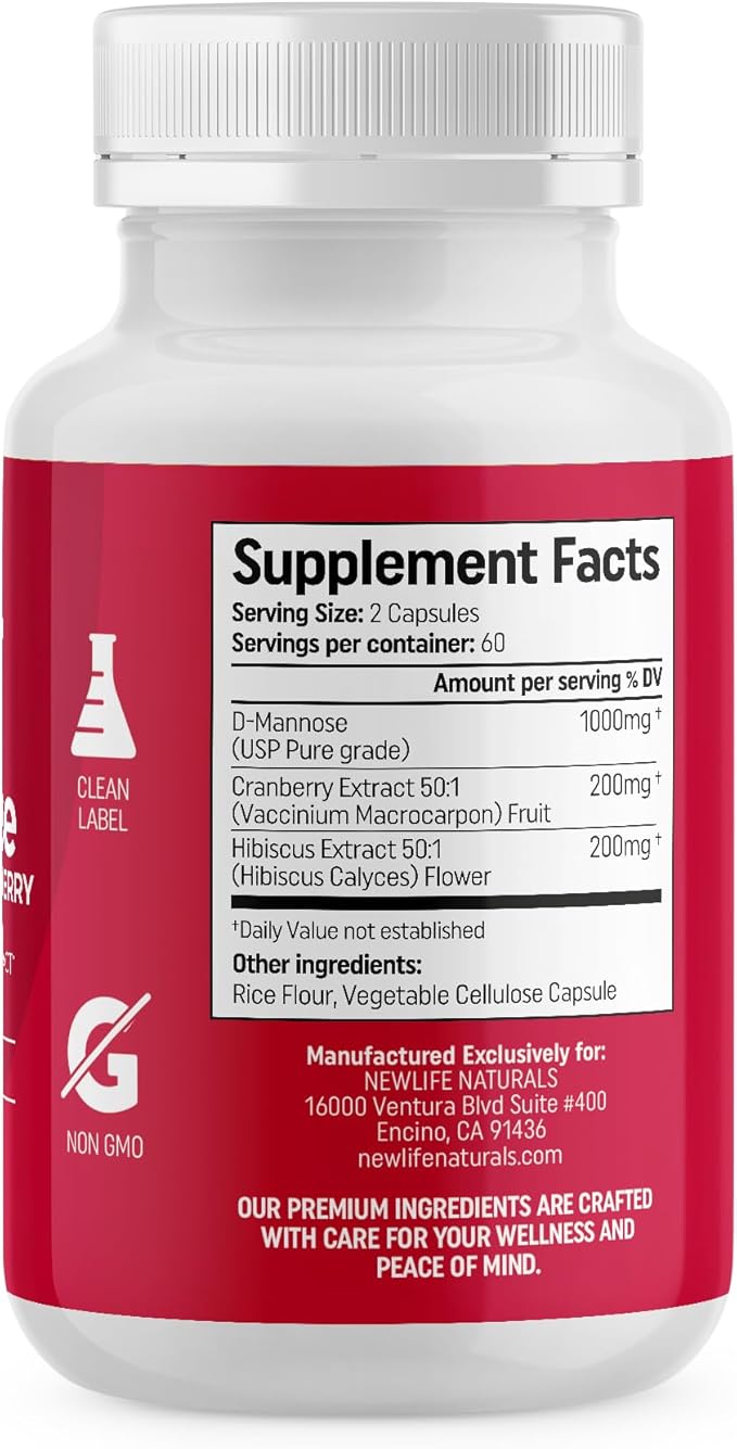 NewLife Naturals D-Mannose Capsules | w/Cranberry and Hibiscus Extracts | Natural Urinary Tract Health Supplement | 1400mg Pure Veggie Powder | 120 Veggie Capsules