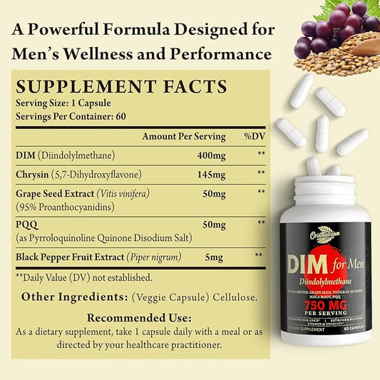 DIM for Men 750MG – Hormone Balance, Estrogen Support for Men, DIM Supplement, Detox, Vitality & Fitness Performance–Chrysin & Black Pepper Extract, 60 Capsules (2 Bottle)