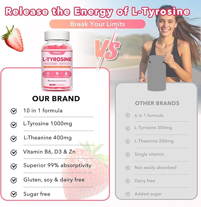 L Tyrosine Gummies, L-Tyrosine Supplement, 10-in-1 Tyrosine Gummies with Vitamin B6 D3, Tyrosine Supplement Support Cognitive, Memory, Energy, Mood for Adult & Kids, Strawberry Flavor, 60 Ct