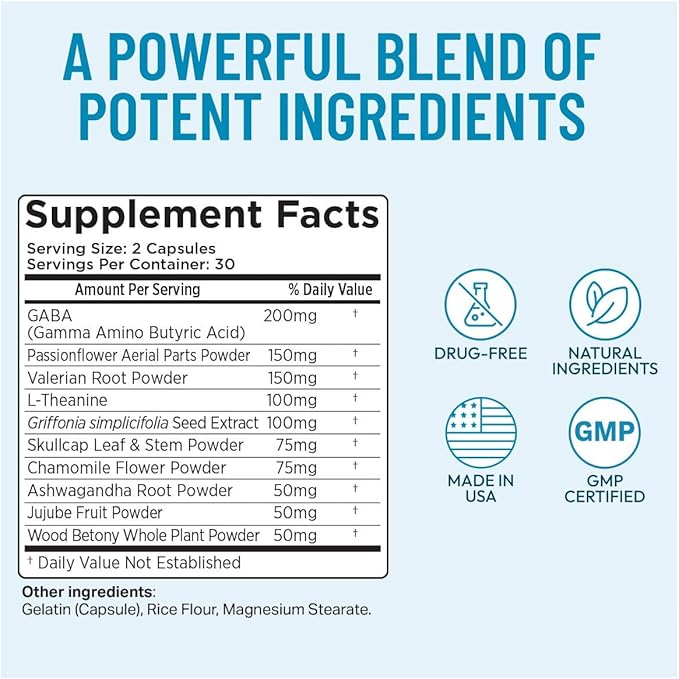Stress Relief Supplement - Supports Mood & Mental Focus - Feel Calm and Relaxed - Eases Tension & Nervousness - Ashwagandha, GABA, Valerian & L-Theanine - 60 Capsules