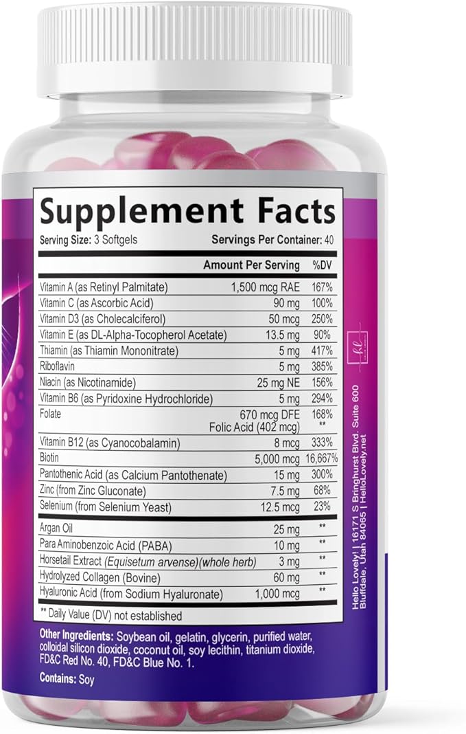 Hair Vitamins for Women for Hair Growth - Argan-Infused Supplement with Collagen, Biotin and Hyaluronic Acid - Supports Faster Hair Growth, Skin & Nails Beauty Vitamins, Bottled in USA - 120 Softgels