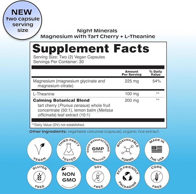 wholier Magnesium Glycinate, L-Theanine, Tart Cherry Juice. Natural Support for Sleep, Stress + Relaxation. Melatonin-Free. Night Minerals. (60 Vegan Capsules) Glass Bottle