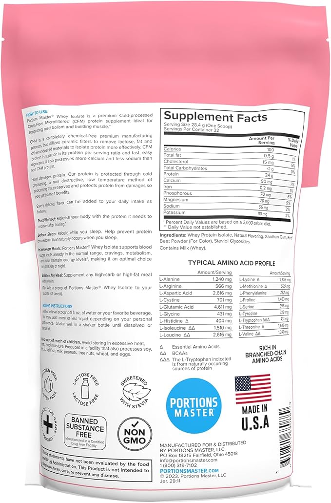 Portions Master CFM Whey Isolate Protein Powder, 2 LB, 23g Low Carb, Low Fat, Cold-Processed, Fast Absorbing, Muscle Growth & Recovery Support (Strawberries & Cream)
