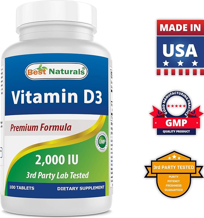 Best Naturals Vitamin D3 2000 IU (50 mcg) - 100 Tablets - 100 Days Supply - Helps Support Immune Health, Strong Bones and Teeth, & Muscle Function (100 Count (Pack of 1))