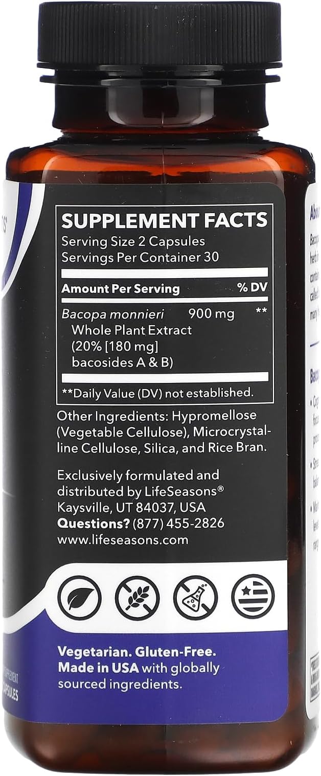 LifeSeasons Bacopa Extract 900 mg – Natural Memory & Focus Support Supplement, Mood Balance & Brain Health, 120 Veg Capsules, Non‑GMO, Gluten‑Free, Vegan Friendly