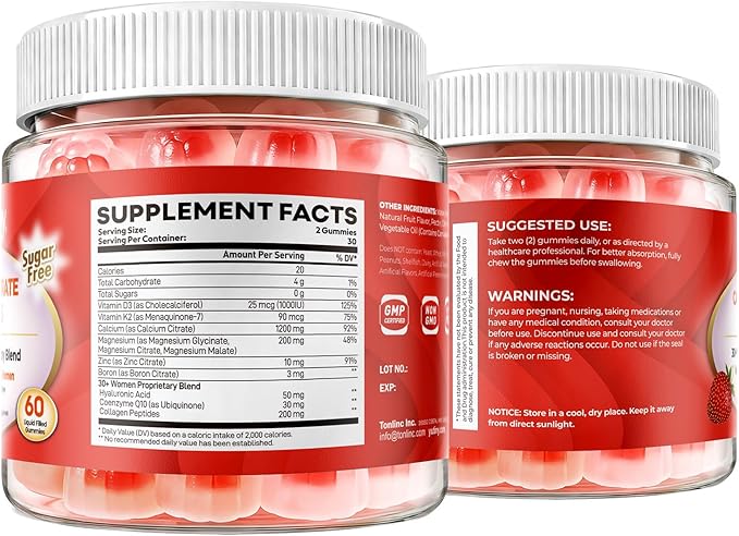 Calcium Supplement for Women Gummies 1200 mg, Calcium Citrate with Vitamin D3 K2 Magnesium Zinc, Overall Health, Sugar Free, Strawberry Flavor, 60 Chewables