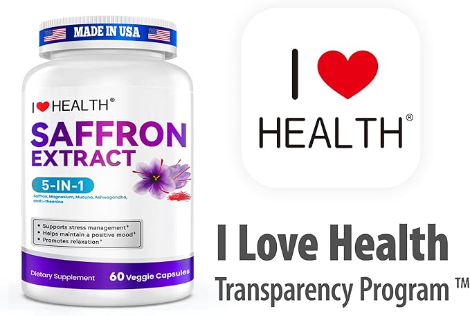 Saffron Supplement – 88.5mg with Magnesium Glycinate, Ashwagandha & L-Theanine for Stress Relief, Calm Mood & Emotional Balance – Made in USA – 60 Capsules