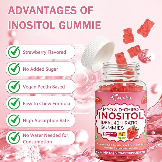 Myo-Inositol & D-Chiro Inositol Gummies 40:1 Ratio – Hormone Balance Supplement for Women – Ovarian & Fertility Support with Vitamins – Myo Chiro Inositol Gummies for Womens Health, 60 Count