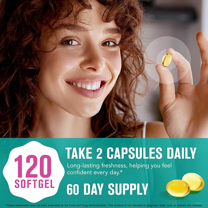 Body Deodorizing Supplement, Odor Capsules for Women and Men, Supports Menopause Body Odor Control, Fresh Breath, Supports Immunity and Digestion, Non-GMO Softgels 120 Count.