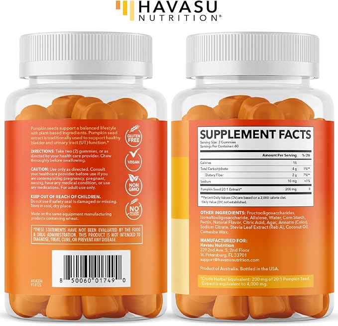 Pumpkin Seed Oil Gummies for Bladder and Urinary Tract Support - 200mg Pumpkin Seed Extract Per Serving - Vegan, Non-GMO, Gluten-Free - Sugar Free Pumpkin Seed Gummies - Orange Flavor, 60 Servings