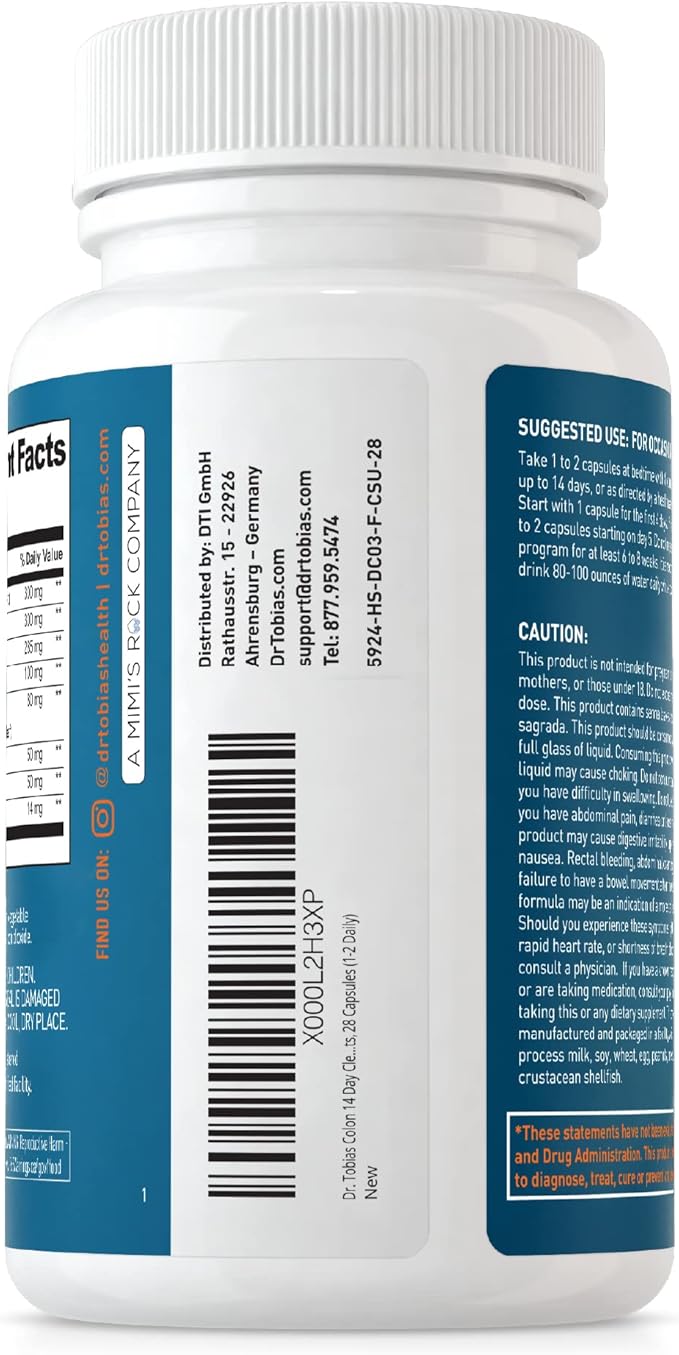 Dr. Tobias Colon Cleanse - Constipation Relief & Gut Health Support for Women & Men | 14 Day Colon Cleanser for a Gentle Colon Detox & Gut Flush - 28 Capsules (1-2 Daily)
