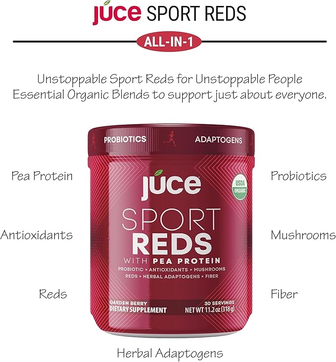 Terra Kai Organics Juce SR7 Sport Reds Organic Fruit & Veggies w/Pea Protein | 43 Superfoods, Antioxidants, Mushrooms, Beets, Herbal Adaptogens, Probiotic, Fiber, Garden Berry Flavor (30 Servings)