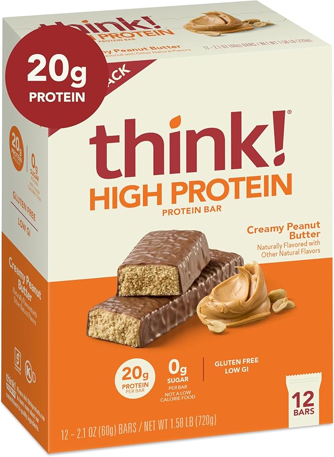 think! Protein Bars, High Protein Snacks, Gluten Free, Kosher Friendly, Creamy Peanut Butter, Nutrition Bars, 2.1 Oz per Bar, 12 Count (Packaging May Vary)