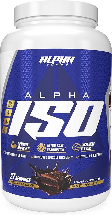 Alpha Supps ISO, Low Carb 100% Whey Protein Isolate Powder, 25 Grams Per Serving, Helps Support Muscle Growth, Low Sugar and Gluten Free (Chocolate Cake, 2 lb)