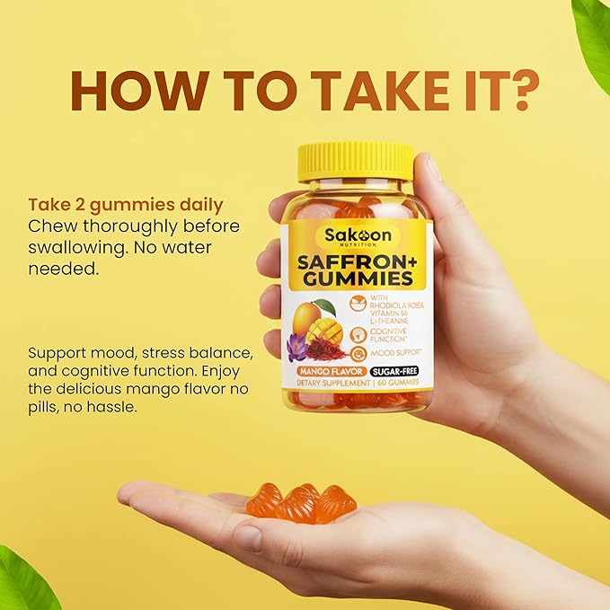 Saffron Gummies for Mood Boost & Stress Relief | Saffron Extract with 150mg Rhodiola Rosea & L-Theanine | Sugar Free Mango Flavor | Focus & Energy Supplement for Women & Men | 60 Count