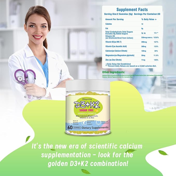 Vitamin D3K2 Gummies,Vitamin D3 10000 IU with K2 200mcg,VitaminC,Calcium,Magnesium,Zinc,Support for Bones,Joints,Muscles,Nerves,and Immune System (60, Lemon,Sugar-Free)