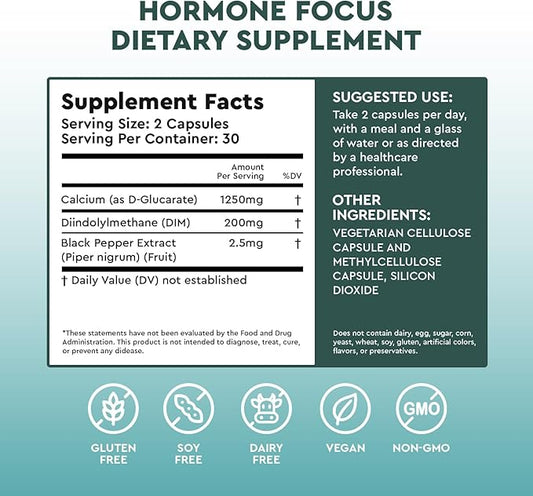 Hormone Focus – Estrogen Balance for Women - DIM Supplement with Diindolylmethane, Calcium D-Glucarate & BioPerine – Supports Hormonal Health, Mood, Energy, Mental Clarity, Clear Skin & Weight