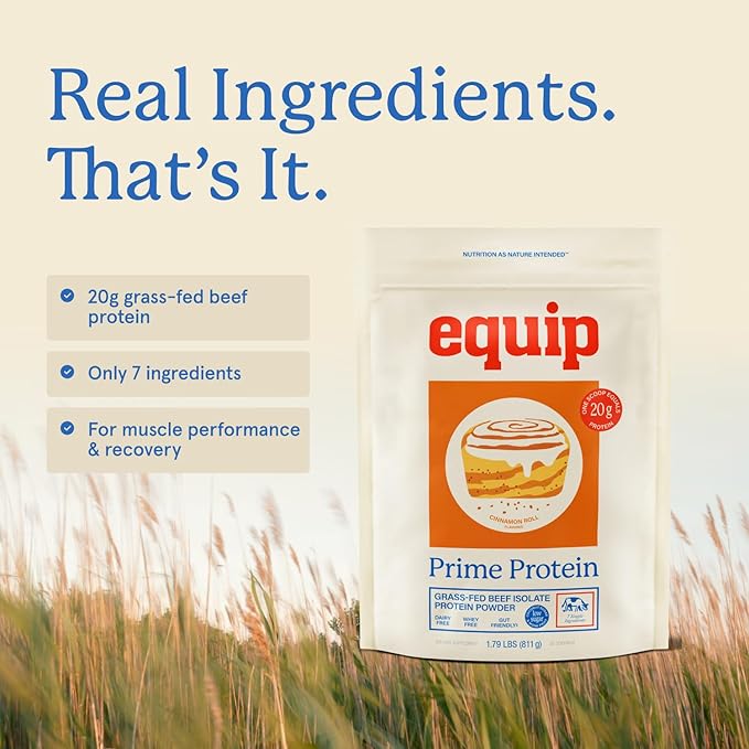 Equip Foods Prime Protein Powder | Clean, Grass Fed Beef Protein Powder for Women & Men | Carnivore Protein Isolate | Paleo, Keto Friendly | Gluten, Dairy Free | 30 Servings, Cinnamon Roll