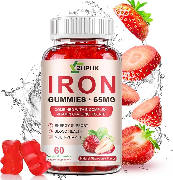 ZHPHK Iron Supplement Gummies, 65mg Iron for Women Men Kids, Natural Vegan Iron Gummy with Folate Gentle on Stomach, Gluten Free, Energy Support & Immune Health, 60 Gummies