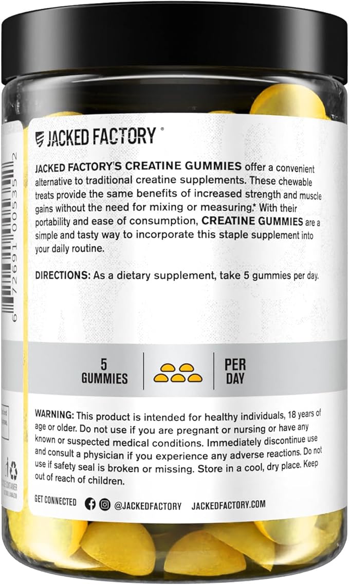 Jacked Factory Creatine Gummies 5g Daily Dose (1g per Gummy) - Creatine Gummy for Men and Women, Vegan-Friendly, Travel-Friendly, Third-Party Tested - 150 Gummies, Lemon