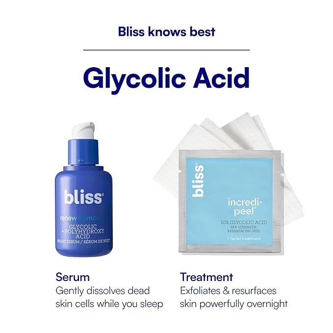 Bliss Renew & Smooth Night Serum – Glycolic Acid + Polyhydroxy Acid Exfoliating Serum – Resurfaces Skin, Smooths Texture & Brightens Tone Overnight – 1 Fl Oz
