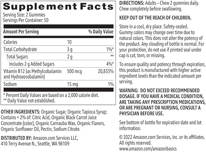 Amazon Basics Vitamin B12 500 mcg Gummies for Energy Production, Metabolism and Immune System Support, Raspberry Flavor, 100 Count