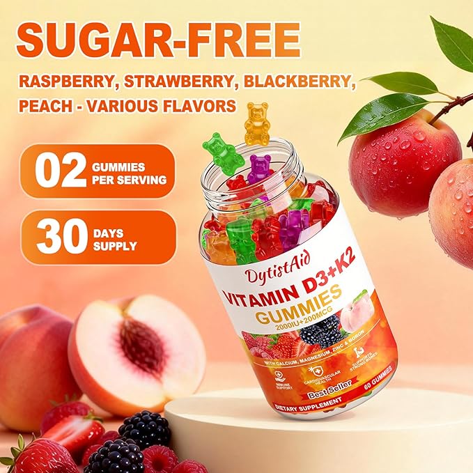 Vitamin D3 + K2 Gummies 2000 IU with Calcium + K2 (MK-7), Magnesium Citrate, Vitamin C, Zinc & Boron – Bone, Heart & Immune Support – Vegan, Non-GMO, Gelatin-Free, Sugar-Free Supplement, 120 Gummies