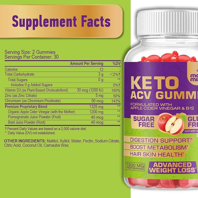 Keto ACV Gummies Gluten & Sugar-Free Apple Cider Vinegar Gummies for Advanced Weight Loss - Rapid Fat Burner Diet Supplement for Women Men - 60 Gummies (1000MG) (2-Pack)
