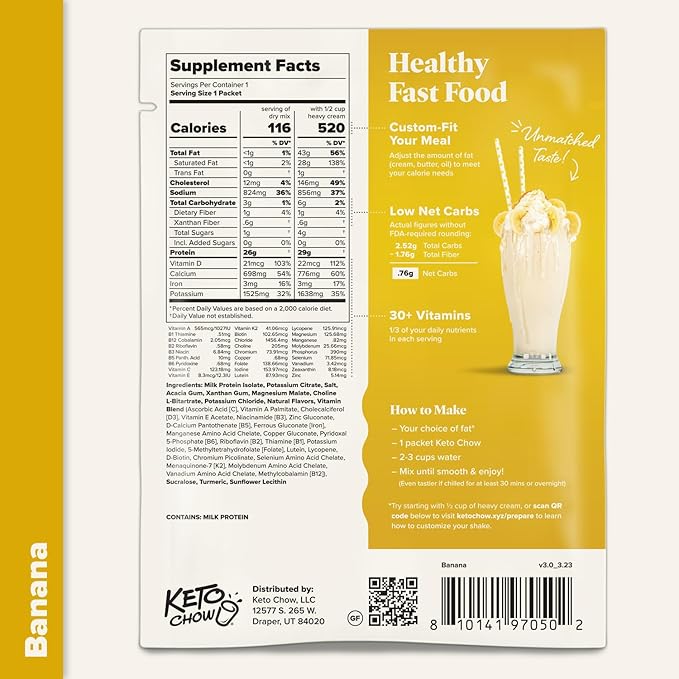 Keto Chow Banana - Keto Meal Replacement Shake Powder - Nutritionally Complete - Low Carb - Delicious Easy Meal Substitute - Protein Rich You Choose The Fat - Single Meal Sample
