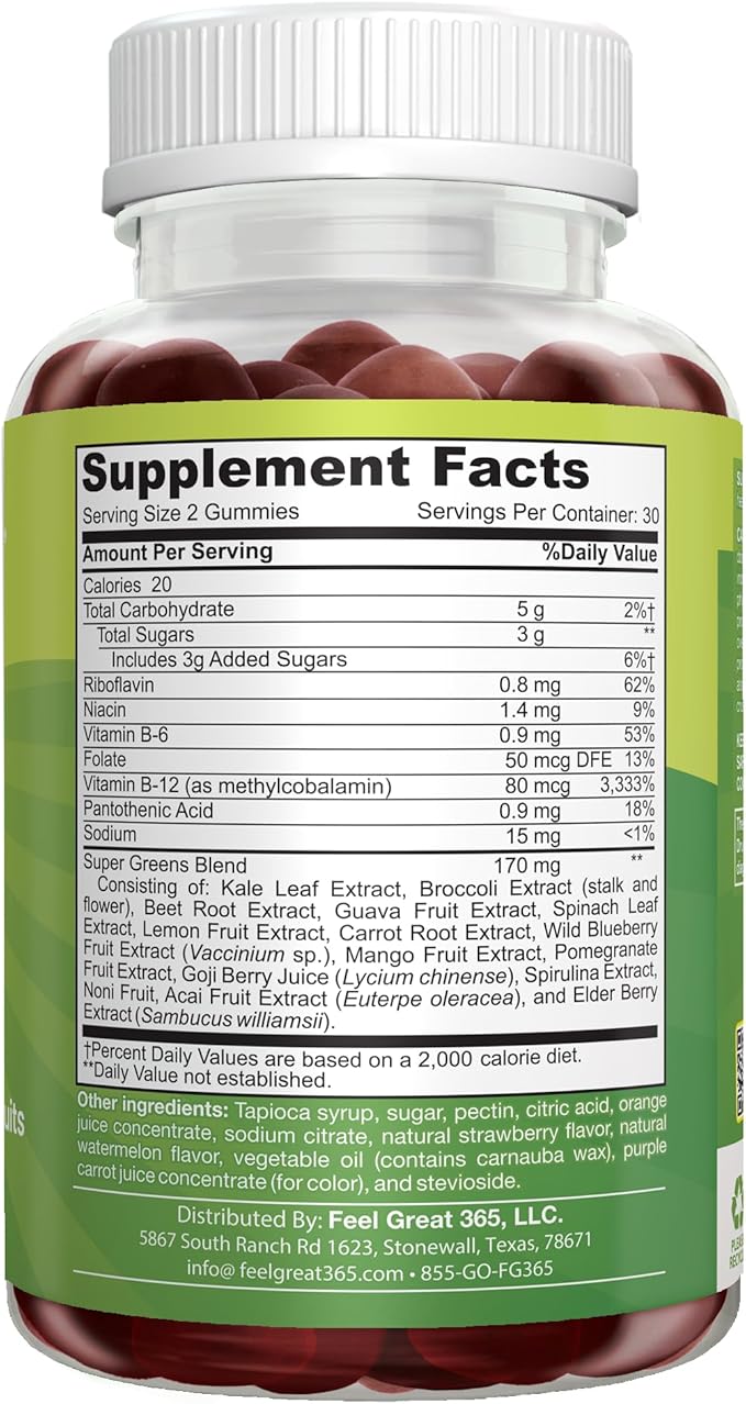 Feel Great Super Green Gummies for Kids (2 Pack) | Fruit and Vegetable Gummies | Vegan Veggie Gummy Multivitamin for Kids | Veggie Fiber Supplement | 60 Count