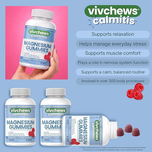 Calmitis Magnesium Gummies – Supports Calm & Balance, Magnesium Citrate, Natural Raspberry Flavor, Fruit Pectin Based, Gelatin-Free, Vegan, No Artificial Colors, Flavors or Sweeteners, 60 ct