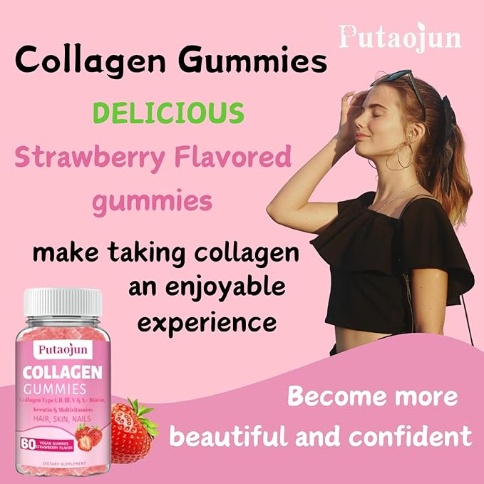 Collagen Gummies | Hair, Skin & Nails Gummies with Biotin, Vitamin C, E, & Zinc | Collagen for Women | Strawberry Flavored | 120 Count