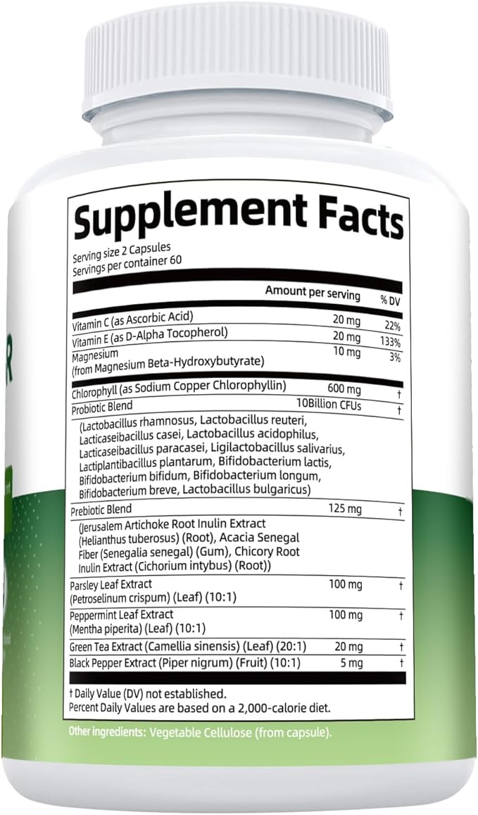 Chlorophyll Body Deodorizing Supplement, Chlorophyll Capsules with Parsley & Peppermint, Probiotic, Green Tea, Jerusalem Artichoke, Prebiotic, Supports Fresh Breath & Whole-Body Freshness, 120 Caps
