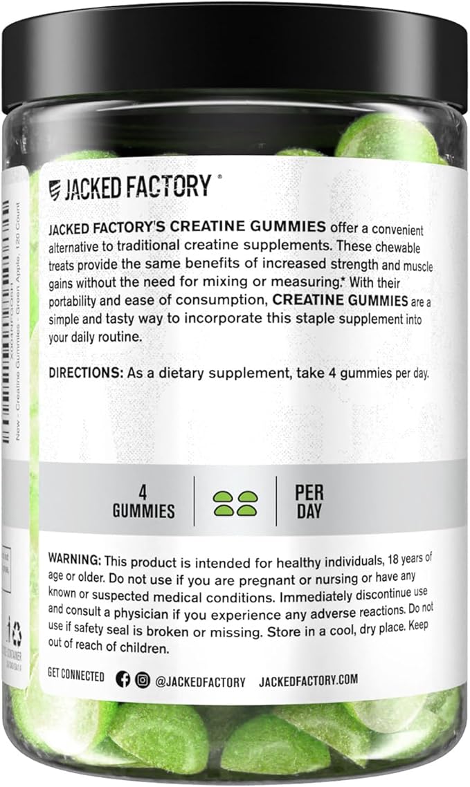 Jacked Factory Sugar Free Creatine Gummies - 5g Daily Dose (1.25g per Gummy) - Creatine Gummy Sugar Free for Men and Women, Vegan-Friendly, Third-Party Tested - 120 Gummies, Green Apple