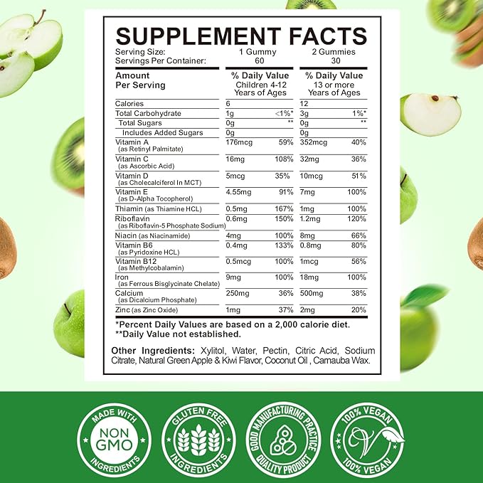 Iron Supplement Gummies for Kids - with Calcium, Zinc, Kids Multivitamin with Iron Gummies - Immune Support, Blood Builder & Energy Support for Iron Deficiency, Anemia, Apple & Kiwi Flavor, 60 Count