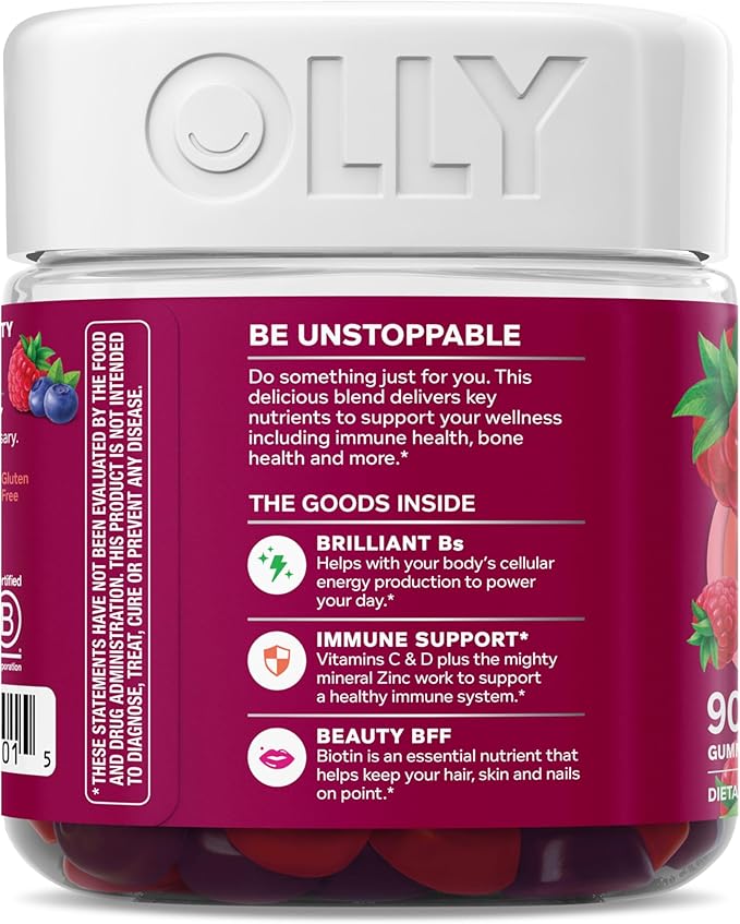 OLLY Women's Multivitamin Gummy, Vitamins A, D, C, E, Biotin, Folic Acid, Adult Chewable Vitamin, Berry Flavor, 45 Day Supply - 90 Count