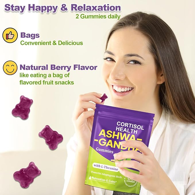 Ashwagandha Gummies - 10 IN 1 Organic Ashwaganda Gummies for Women & Men, with L Theanine, Vitamin B6, Black Pepper for Relaxation*, Cognitive, Immune, Zzz, Cortisol, Vegan, Berry Flavor - 60 Count