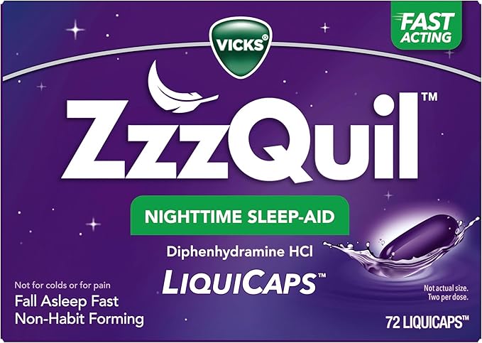 ZzzQuil LiquiCap Sleep Aid, Diphenhydramine 25mg HCl, Sleep Aids for Adults, Nighttime Sleep Aid, 72 LiquiCaps