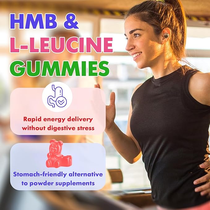 HMB and L-Leucine 3000mg with Calcium Gummies - Muscle Support & Recovery for Adults & Elderly, Vegan, Non-GMO, Gluten Free, 60 Gummies