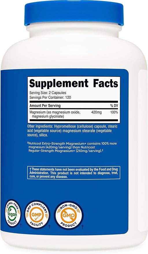 Nutricost Magnesium+ Extra Strength 420mg, 240 Capsules - 120 Servings. Magnesium Oxide and Glycinate - Non-GMO, Gluten Free, Vegan Friendly