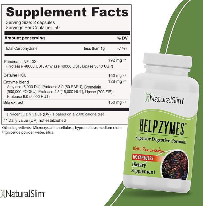 NaturalSlim Digestive Enzymes for Women & Men - Helpzymes Essential Enzymes for Digestion, Gut Health, Gas Bloating with Bromelain, Ox Bile, Pancreatin. & Betaine HCL - 100 Capsules 2pk