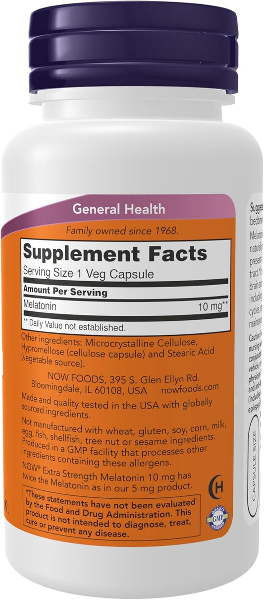 NOW Foods Supplements, Melatonin, Extra Strength 10 mg, Free Radical Scavenger*, Healthy Sleep Cycle*, 100 Veg Capsules