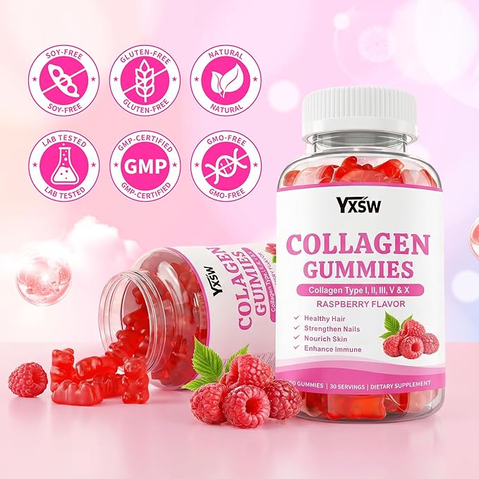 Collagen Gummies for Women Men, Hydrolyzed Collagen Protein Type I II III V X with Biotin Vitamin C A B D E Hyaluronic Acid for Hair, Skin, Nails, Joint, Immune Support, Raspberry Flavor, 60 Count