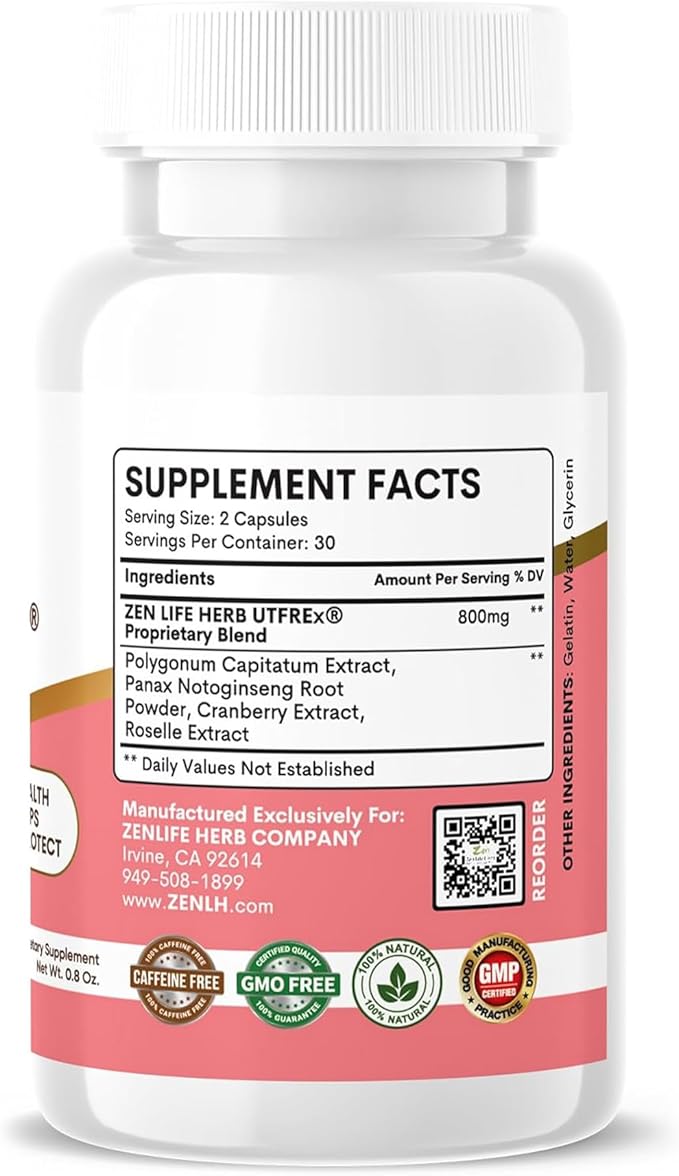ZEN LIFE HERB UTFREx โ Fast Acting - Promotes Urinary Tract Health Supports Healthy Immune and Urinary System, No Vitamins, Minerals, Prebiotics, Sugar, Plant-Based Supplement (60 Capsules)