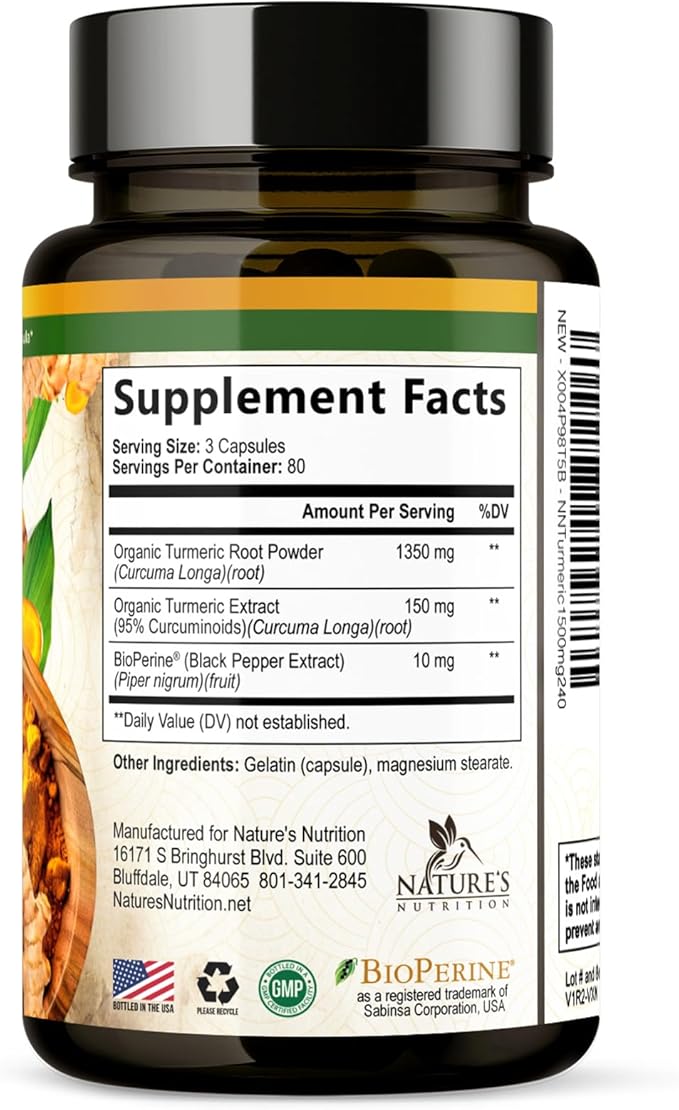 Turmeric Curcumin Supplement 1500mg - Organic Tumeric & BioPerine Black Pepper for Best Absorption with 95% Curcuminoids, Nature's Joint & Immune Support, Non-GMO, Bottled in USA - 240 Capsules
