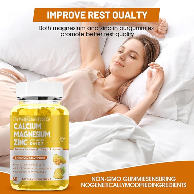 Calcium Magnesium Zinc Gummies with Vitamin D3 & K2 for Bone, Muscle & Immune Support - High Potency Enhanced Absorption - 60 Mango Pineapple Gummies