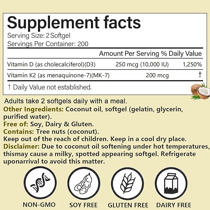 Real Good Essentials Vitamin D3 K2 10000 IU, 200 Virgin Coconut Oil Softgels, 2 in 1 Vitamins Supplement D & K (Include MK7), Easy to Swallow, Supports Calcium Absorption, Bone Health (1pc)