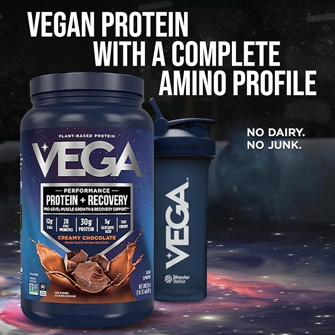 Vega Sport Vegan Protein Powder + Recovery - 30g Plant Based Protein per Serving, Chocolate, 19 Servings, 5g BCAAs, Probiotics, NSF Certified, for Shakes & Smoothies, 1.8lbs (Packaging May Vary)