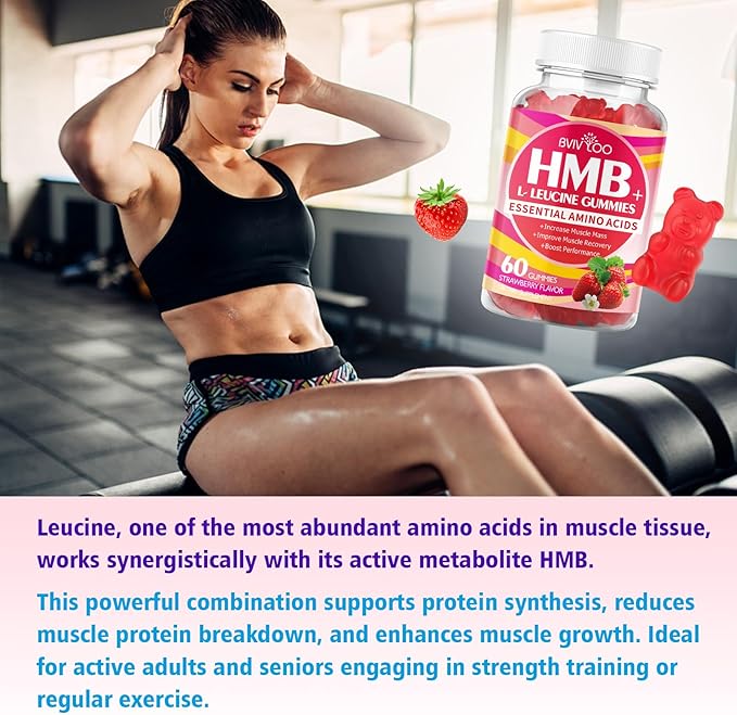 HMB and L-Leucine Gummies - 3000mg Combined HMB & L-Leucine per Serving. for Muscle Growth, Muscle Relief & Fast Recovery. Sugar-Free, Strawberry, 120 Gummies