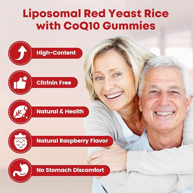 GORNVB Red Yeast Rice with Coq10 Gummies, Red Yeast Rice 2400 mg with CoQ10 200 mg for Cholesterol Lowering Supplements, Sugar Free, Non-GMO, Vegan Heart Health Support – 60 Counts